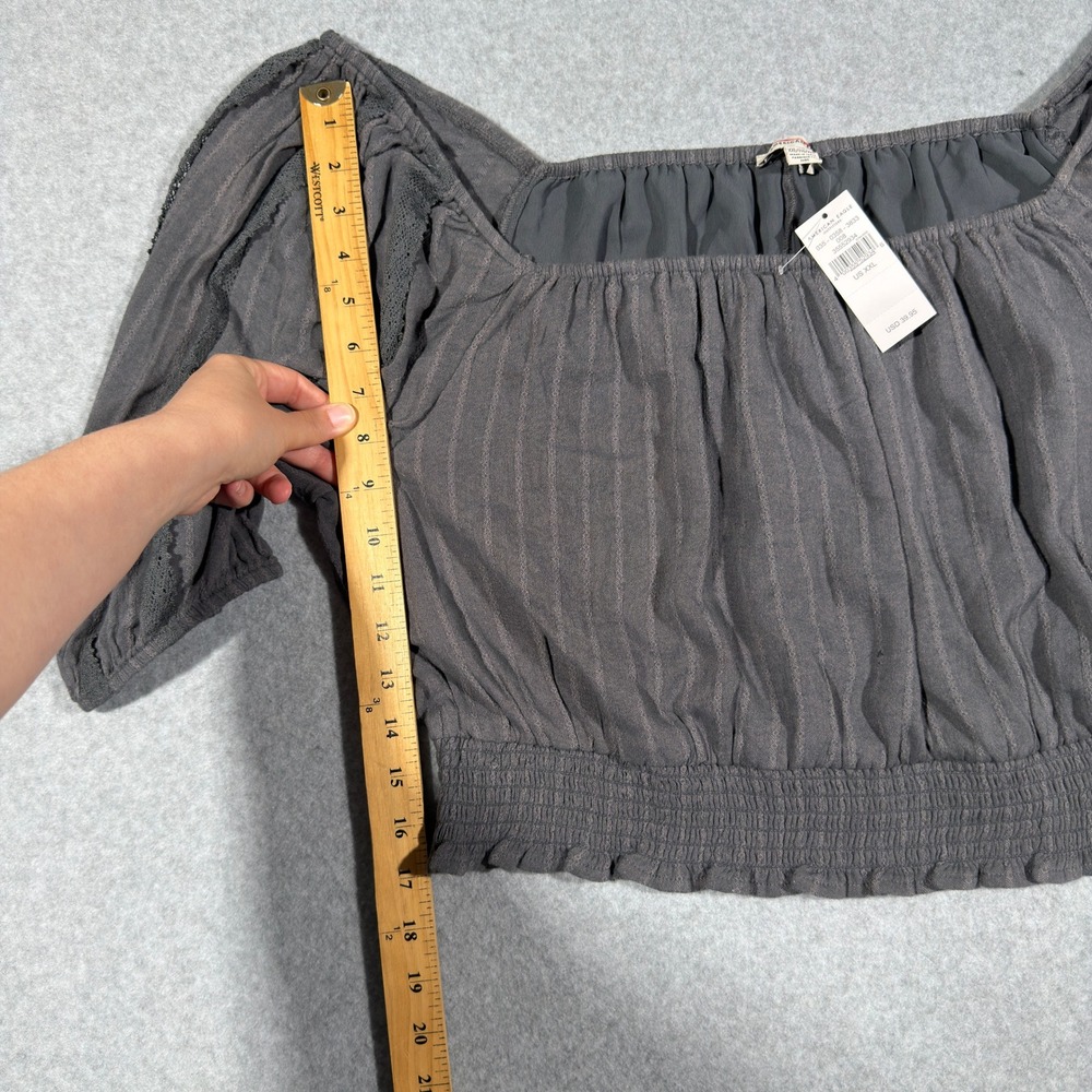 American Eagle XXL Gray Striped Smocked Crop Top Boho Puff Sleeve Cottage - Picture 4 of 8